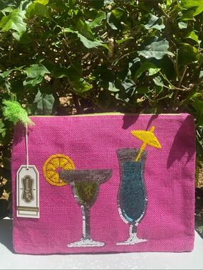 Mud Pie Pink Sequin Cocktail Zip Burlap Pouch